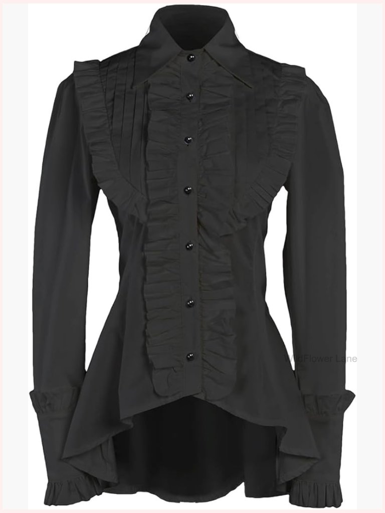 Victorian Gothic Ruffle Blouse Cotton Lace-Up Back Button Down Top